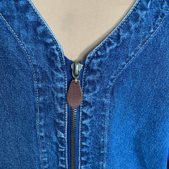 Vintage 90s Denim Jumper Dress Zip Front Autumn Leaf Embroidery Sleeveless Plus - Picture 9 of 12